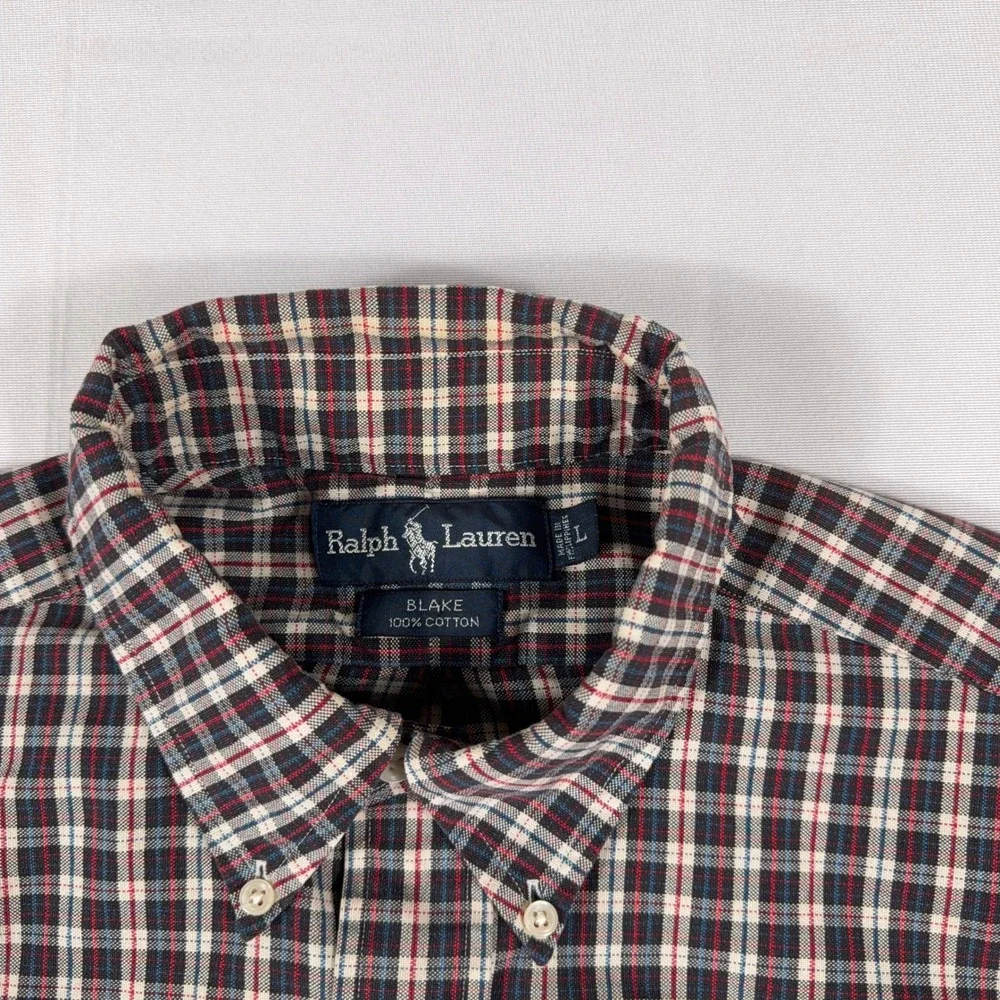 Ralph Lauren Blake Plaid‎ Button Down Short Sleeve Shirt Large Navy Red White